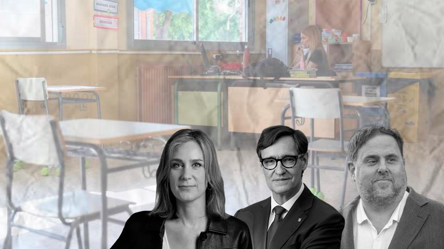 Fotomontaje de Salvador Illa, Oriol Junqueras y Jéssica Albiach, con un aula de fondo
