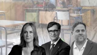 Fotomontaje de Salvador Illa, Oriol Junqueras y Jéssica Albiach, con un aula de fondo