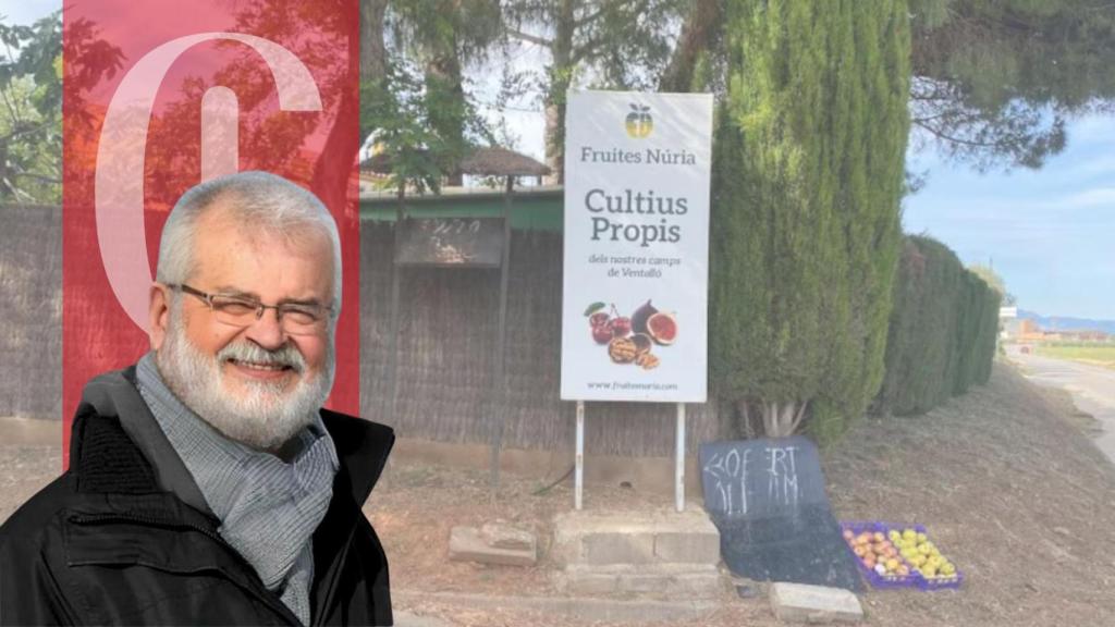 Un montaje de Guillem Bota con una imagen de los carteles que Pere Puigbert ha tenido que retirar de fondo