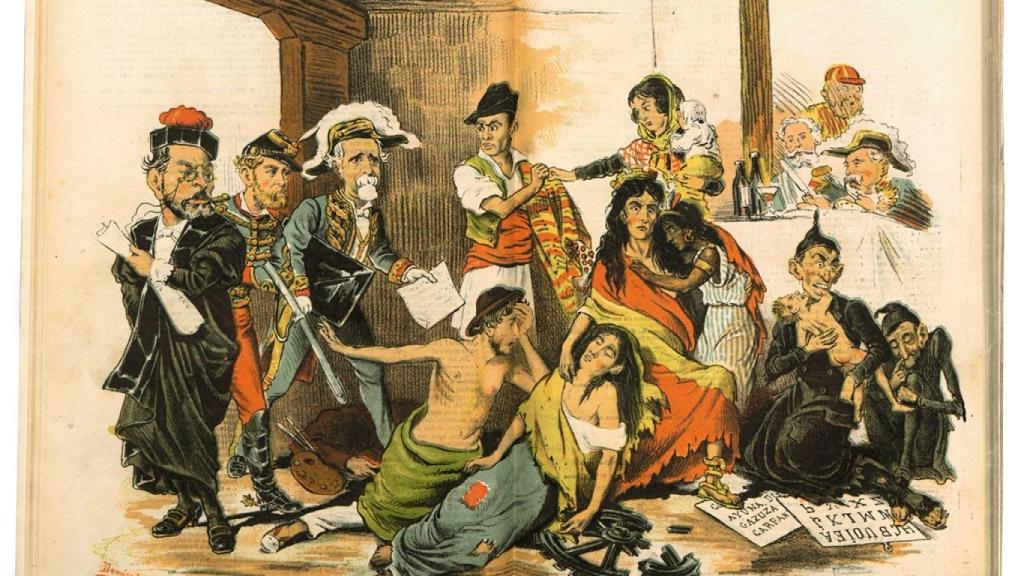 Paròdia del quadre d'Aparicio publicada amb el títol ‘La fam d'ara’ a El Buñuelo el 15 de juliol de 1880.