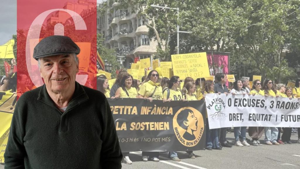 Jordi Mercader e imagen de una huelga de profesores