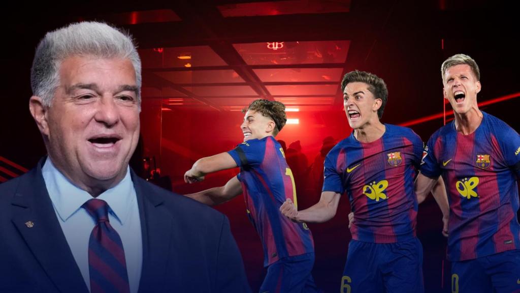 Laporta, Fermín, Gavi y Olmo en un fotomontaje