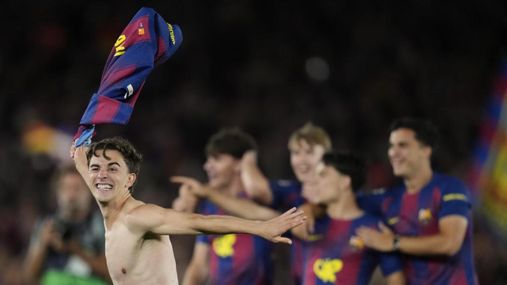 Gavi celebra com un boig la Lliga del Barça