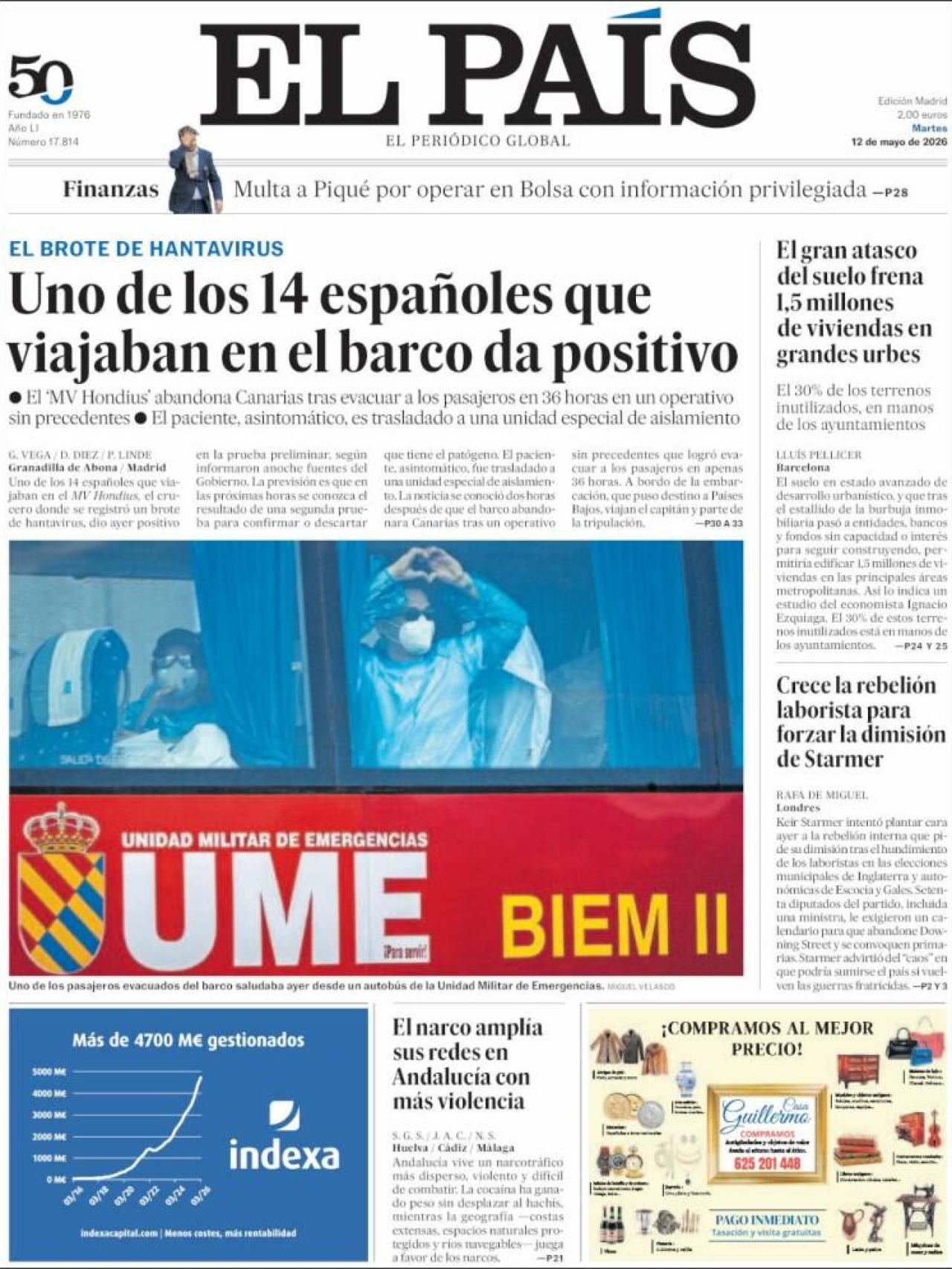 Portada de 'El País' el 12 de maig