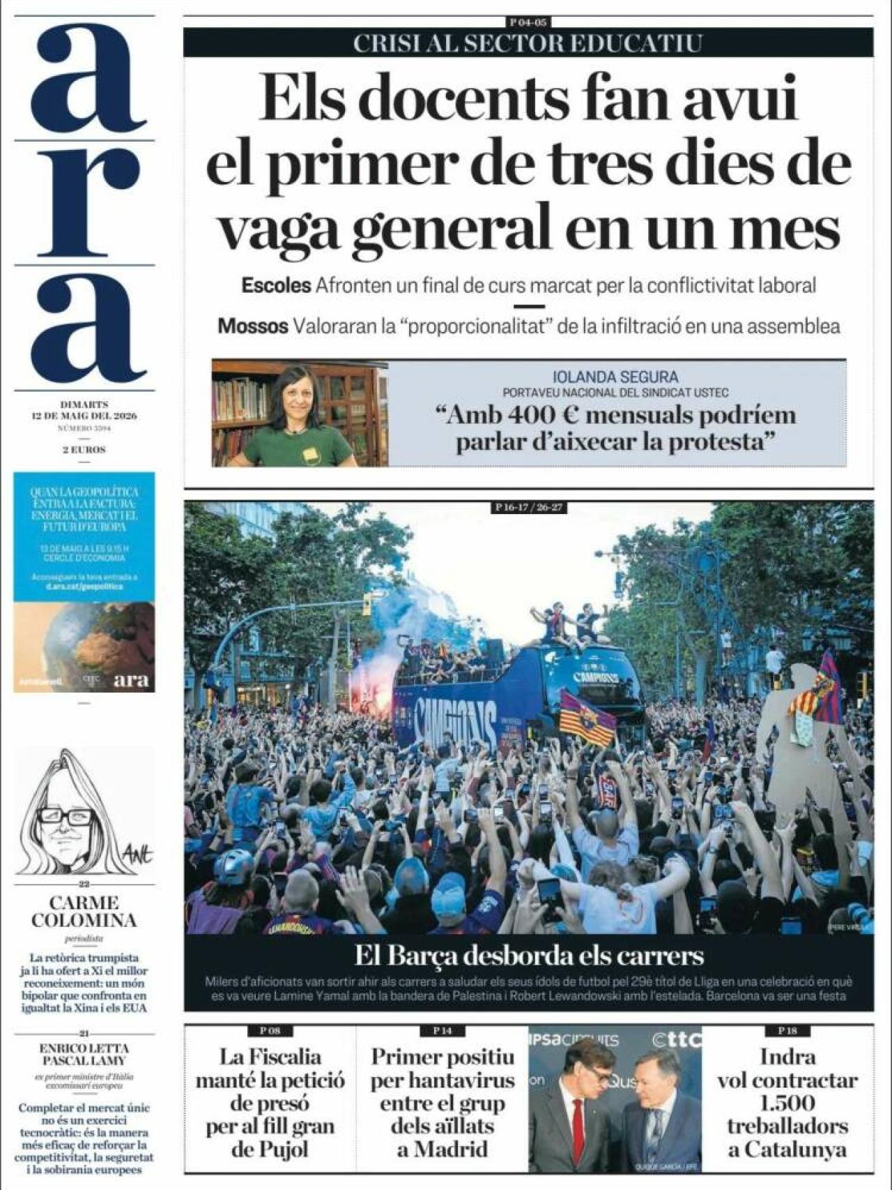 Portada de 'Ara' el 12 de maig