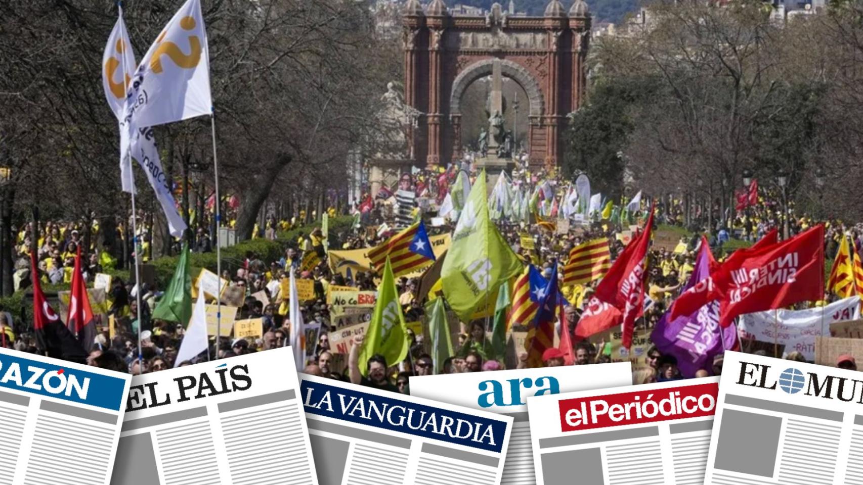 Montaje con miles de docentes y otros profesionales de la educación en Cataluña que participan en una gran manifestación en Barcelona para exigir mejoras salariales y laborales