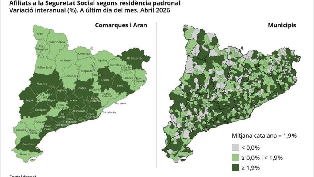 Mapa de l'evolució de l'afiliació a la seguretat social a Catalunya