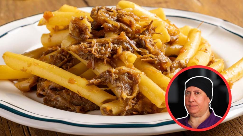 Roberta y plato de pasta alla genovese
