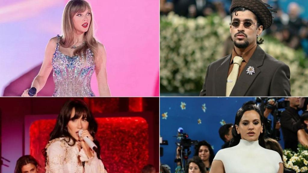De izq. a dcha. y de arriba a abajo, Taylor Swift, Bad Bunny, Aitana y Rosalía