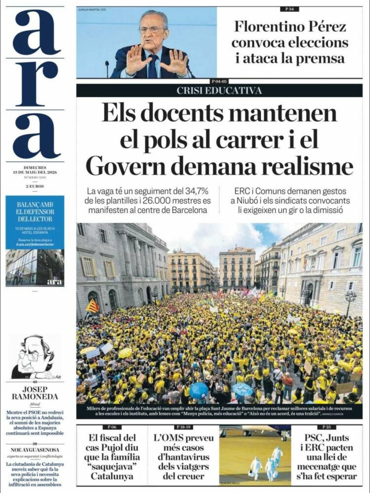 Portada de l'‘Ara’ el 13 de maig