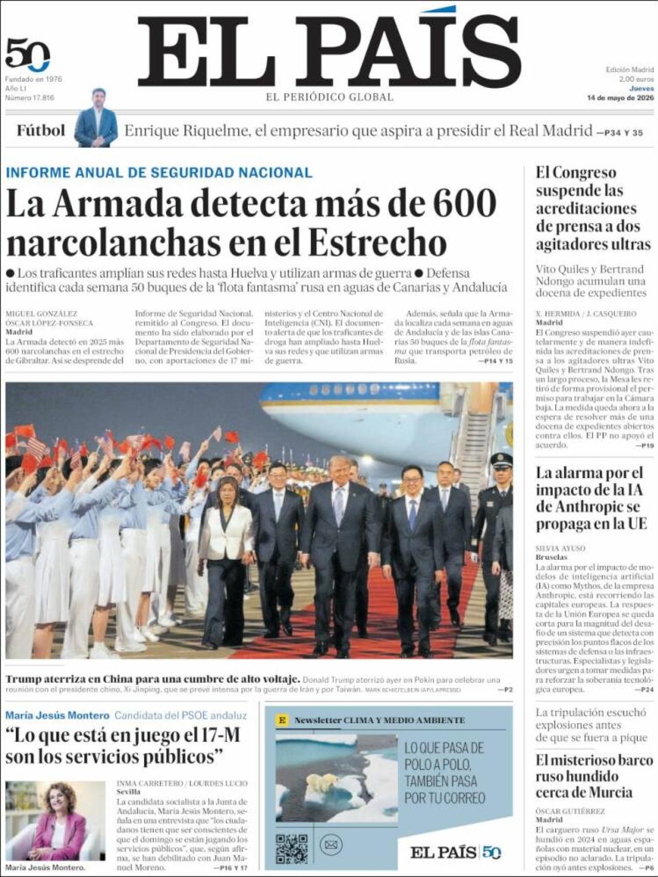 Portada d''El País' el 14 de maig