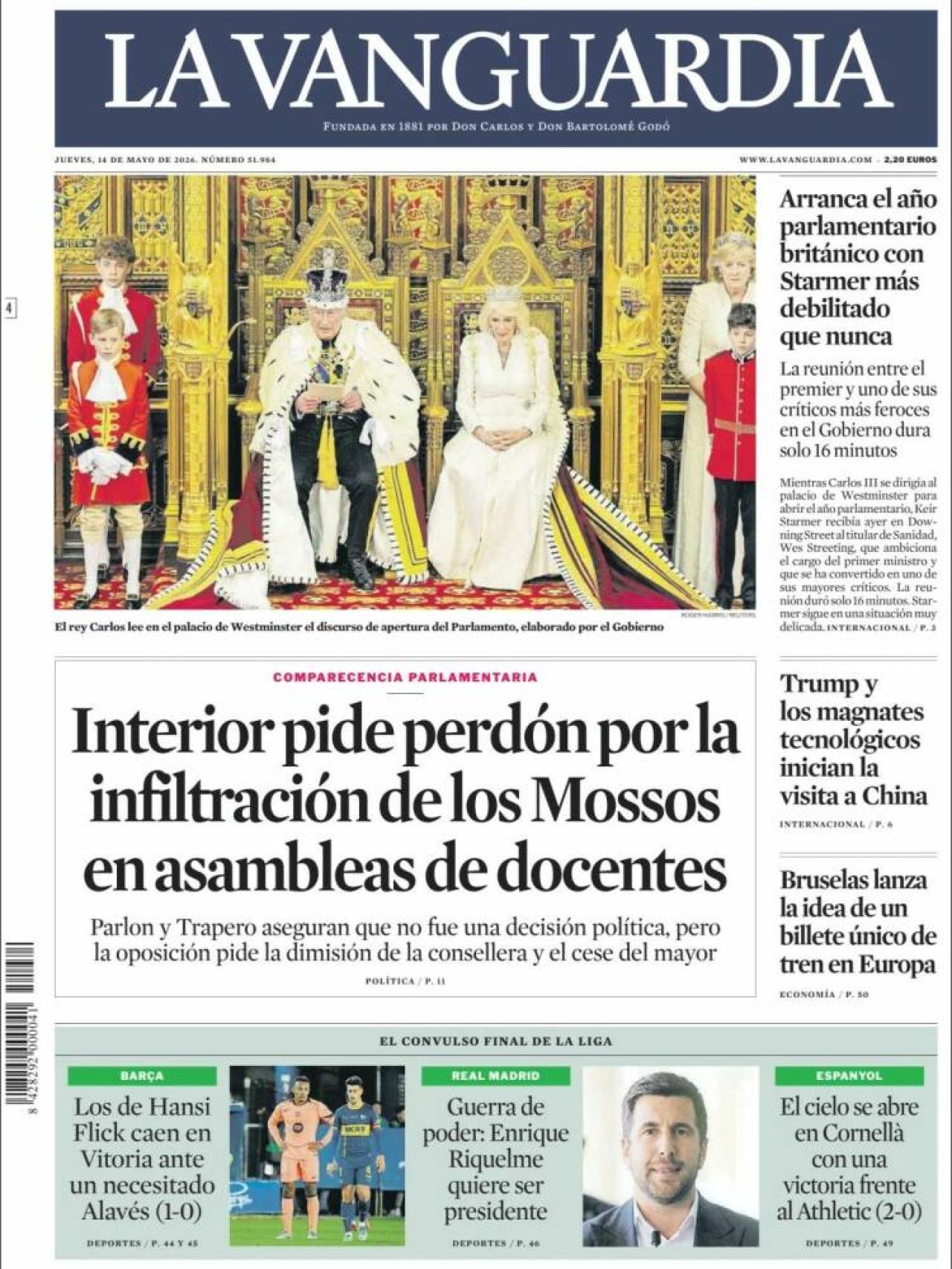 Portada de 'La Vanguardia' el 14 de maig