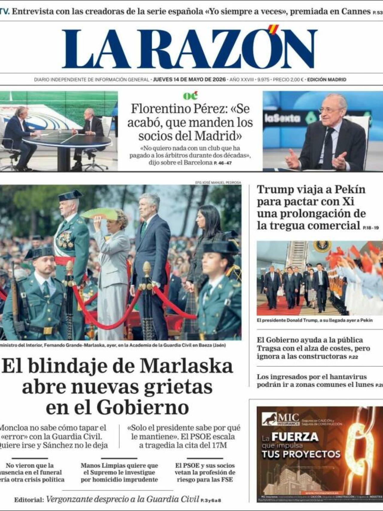 Portada de 'La Razón' el 14 de maig