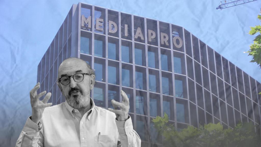 Jaume Roures en un fotomontaje con el edificio de Mediapro de fondo