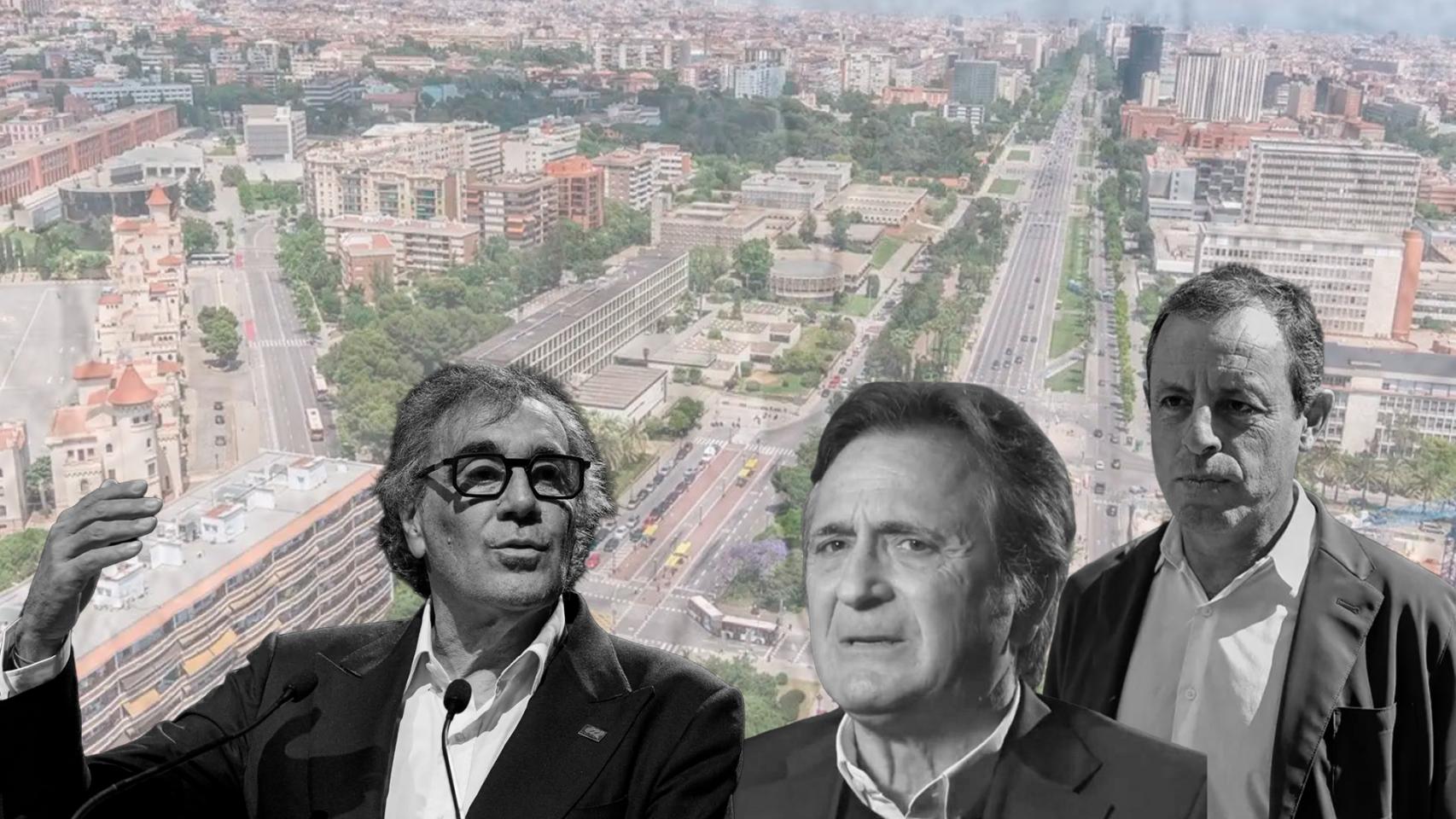 Fotomontaje de Tatxo Benet, Josep Pujol y Sandro Rosell, con la Diagonal de Barcelona de fondo