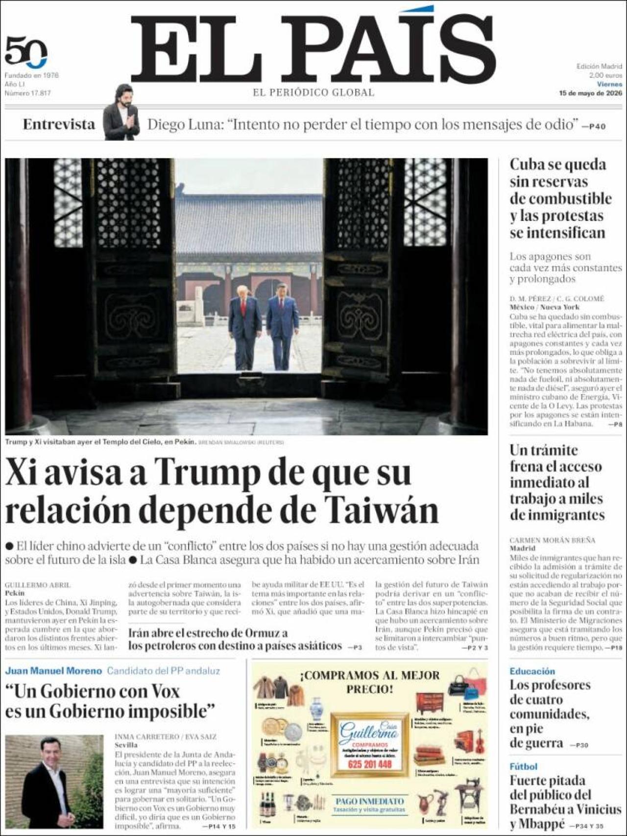 Portada d'El País el 15 de maig