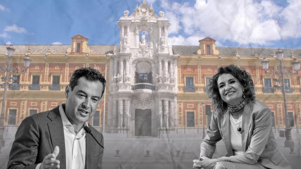 Fotomontaje de Juanma Moreno y María Jesús Montero, con la Junta de Andalucía de fondo