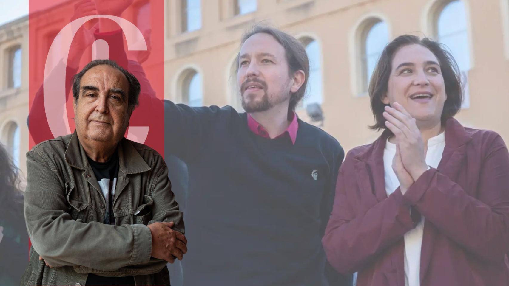 Ramón de España y una imagen de Pablo Iglesias junto a Ada Colau