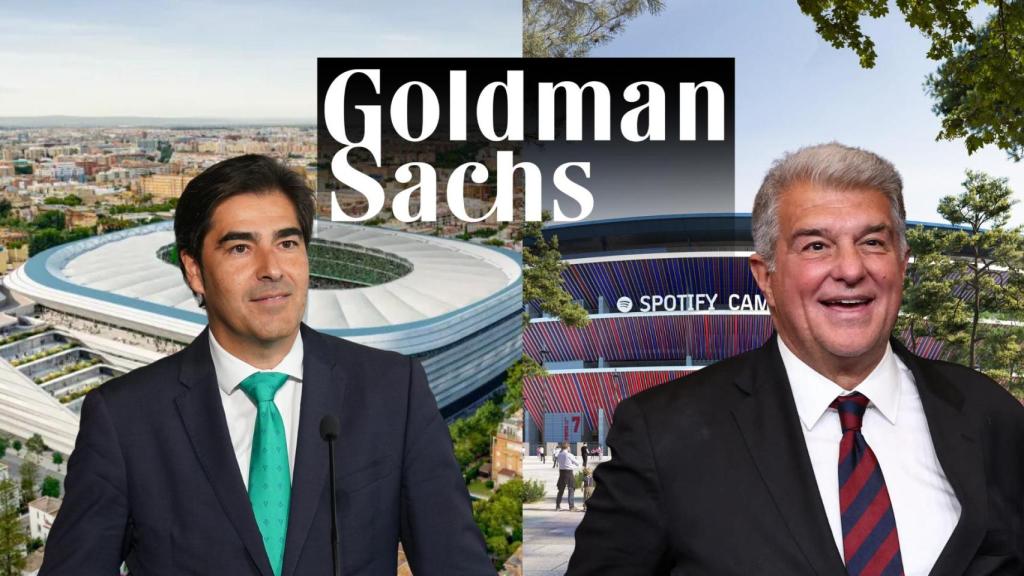 Ángel Haro y Joan Laporta, en un fotomontaje con las obras del Benito Villamarín y el Spotify Camp Nou de fondo, y el logotipo de Goldman Sachs