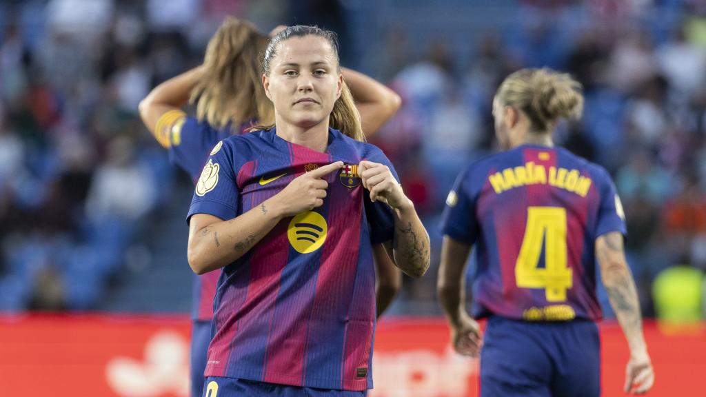 Claudia Pina celebra el seu gol a la final de la Copa de la Reina contra l'Atlético de Madrid