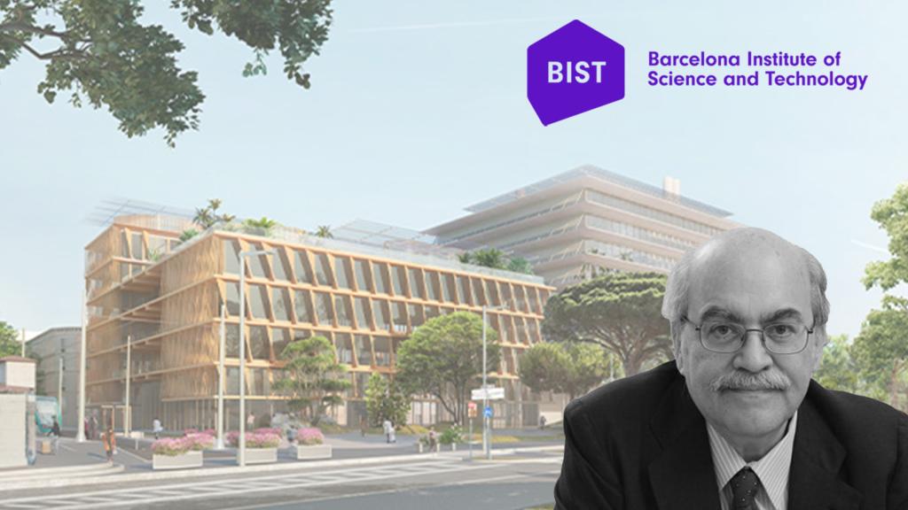 El 'exconseller' Andreu Mas-Colell, el logo de su BIST y el futuro Mercat del Peix de la UPF