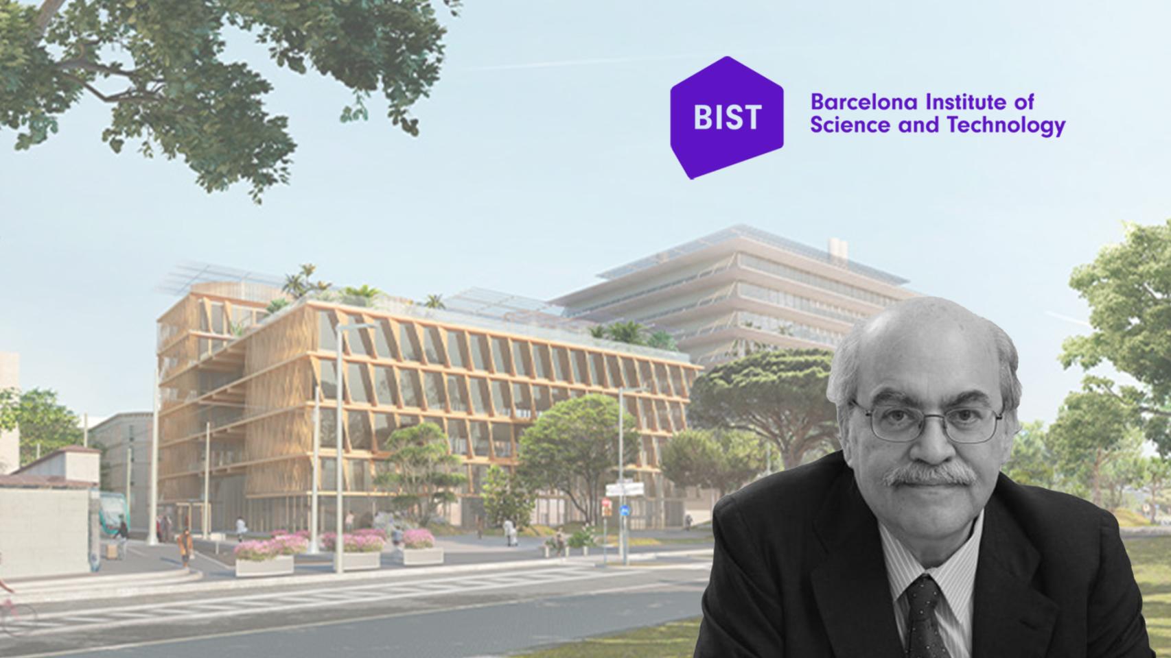 El 'exconseller' Andreu Mas-Colell, el logo de su BIST y el futuro Mercat del Peix de la UPF