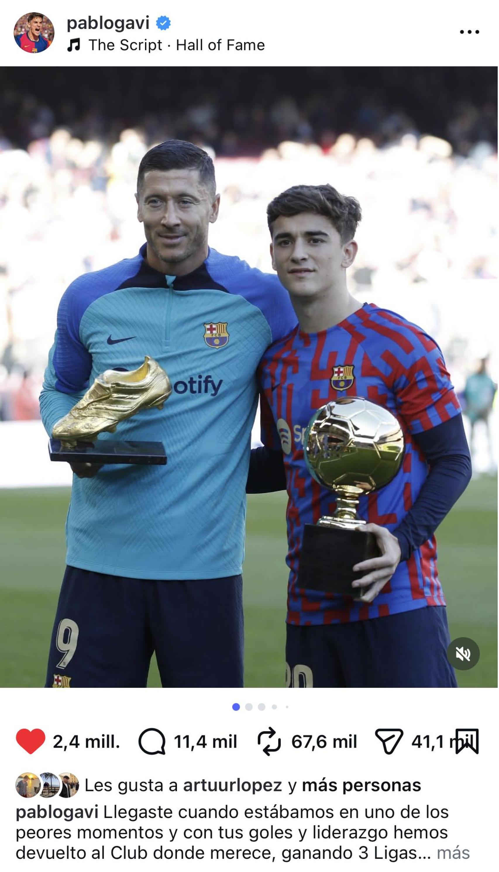 El comentario de Gavi agradeciendo el paso por el Barça de Lewandowski