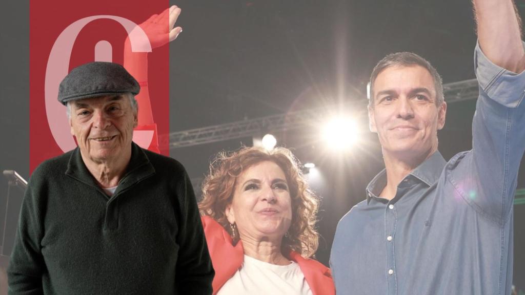Jordi Mercader, el secretario general del PSOE y presidente del Gobierno, Pedro Sánchez, y la secretaria general del PSOE-A y candidata a la Presidencia de la Junta, María Jesús Montero