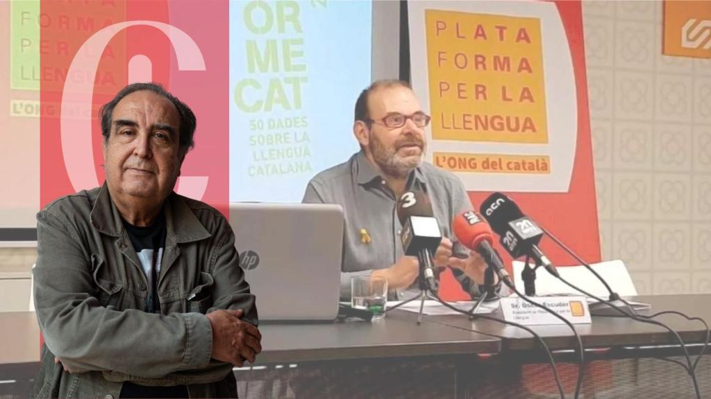 Ramón de España y una fotografía del presidente de Plataforma per la Llengua, Òscar Escuder