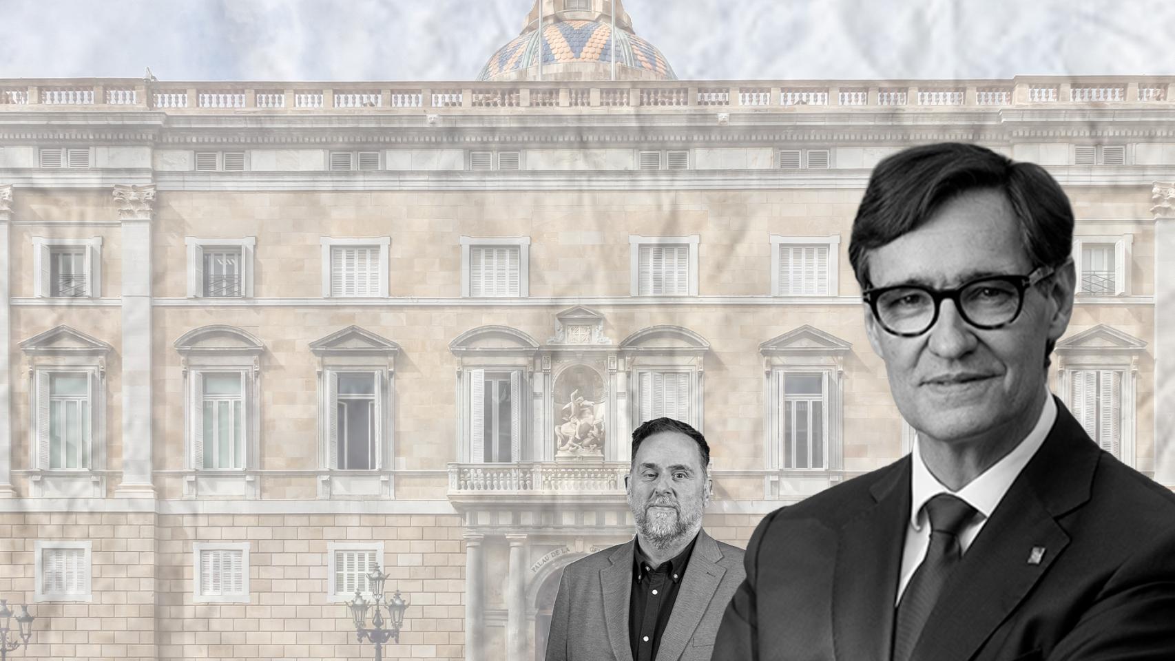 Fotomontaje de Salvador Illa y Oriol Junqueras, frente al Palau de la Generalitat