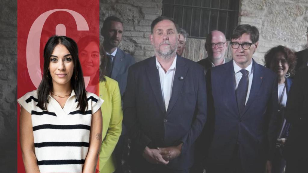 El presidente de la Generalitat, Salvador Illa (d), la consellera de Territorio, Sílvia Paneque (i), y el líder de ERC, Oriol Junqueras (c), durante un acto de impulso de la Línia Orbital Ferroviària 