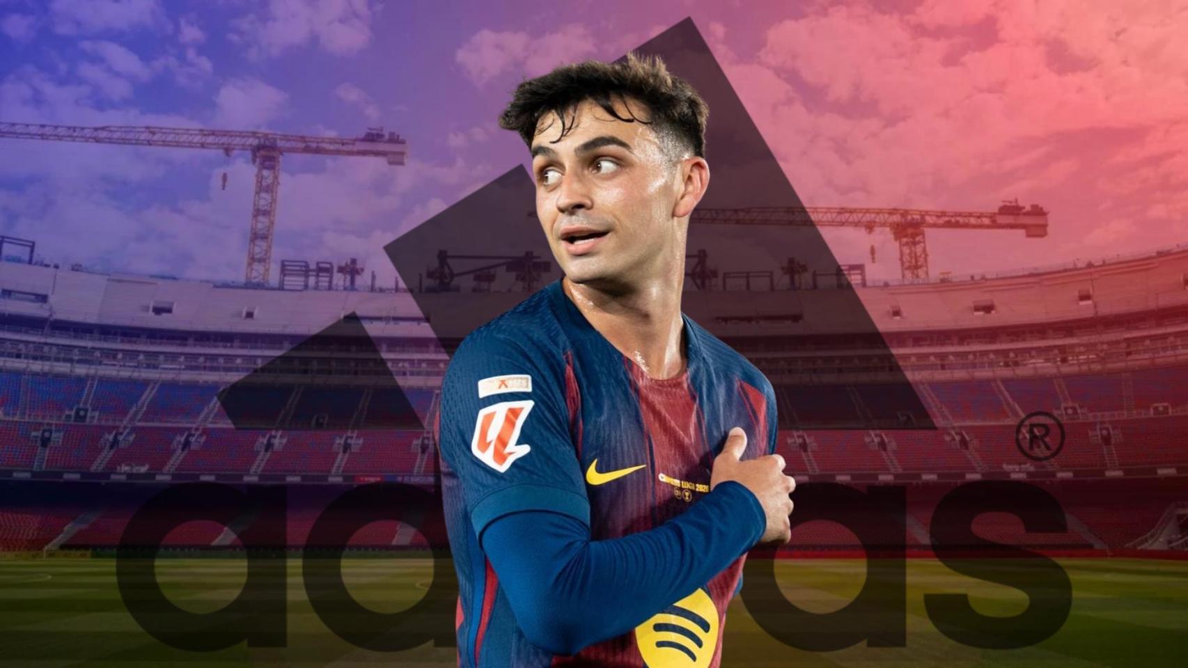 Pedri con el logo de Adidas y el Spotify Camp Nou de fondo en un fotomontaje