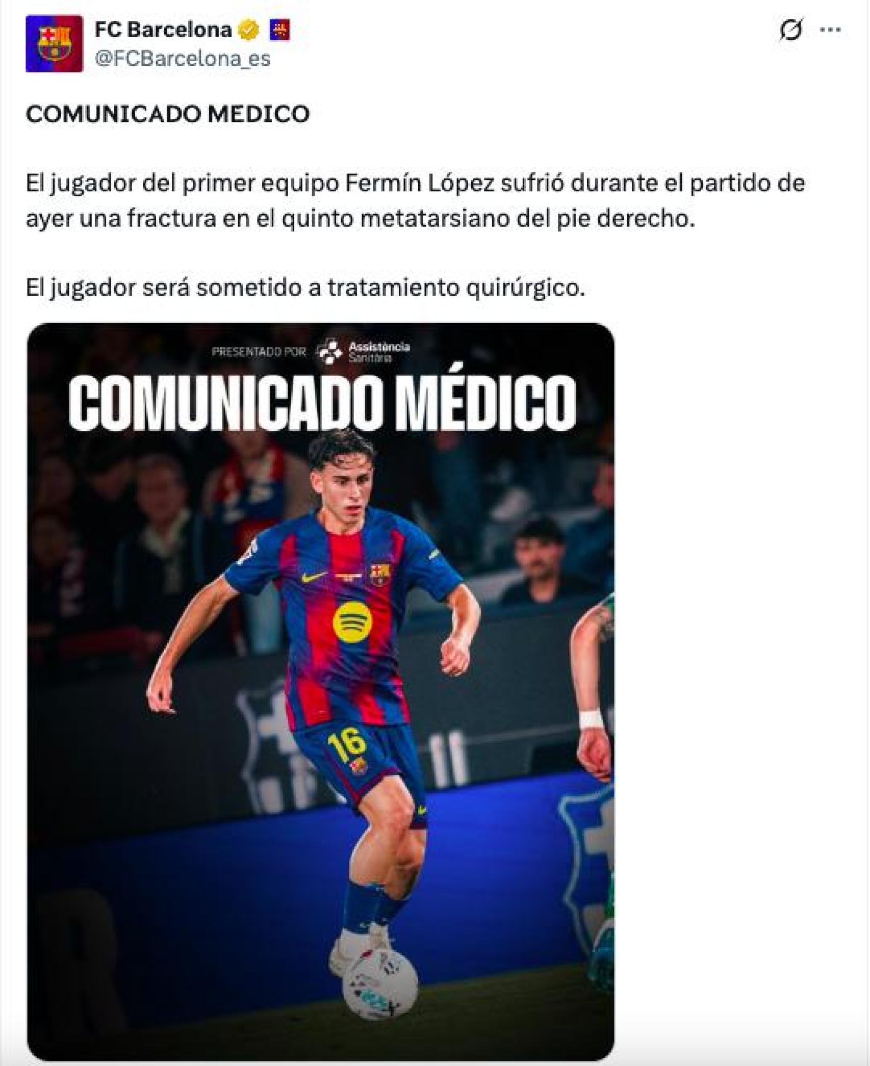 El Barça publica el comunicado médica de Fermín, que se perderá el Mundial
