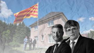 Fotomontaje de Carles Puigdemont, Jordi Martí y la 'Casa de la República' de Waterloo de fondo