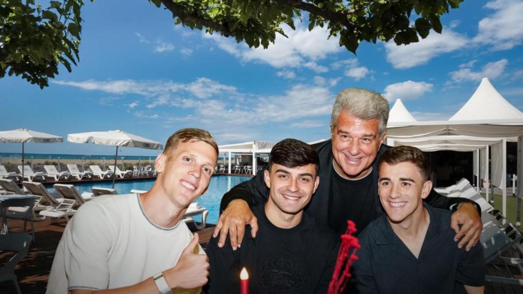 Olmo, Pedri, Laporta y Gavi en un fotomontaje con el Casanova Beach Club de fondo