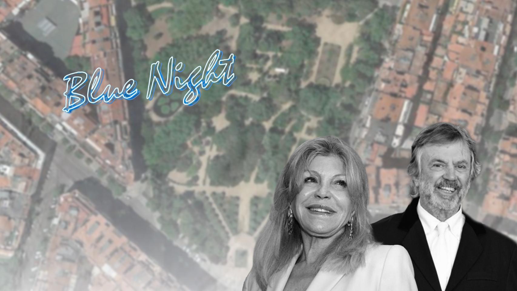 Un montaje de Carmen Thyssen con Ramón Catalán, el logo del Blue Night y de fondo el Turó Park