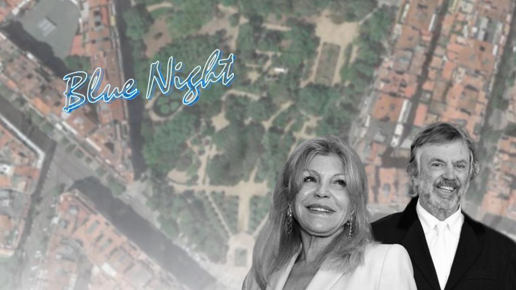 Un montaje de Carmen Thyssen con Ramón Catalán, el logo del Blue Night y de fondo el Turó Park