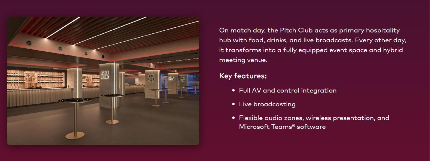 La descripció de Crestron sobre la seva aportació tecnològica al pitch club del Spotify Camp Nou