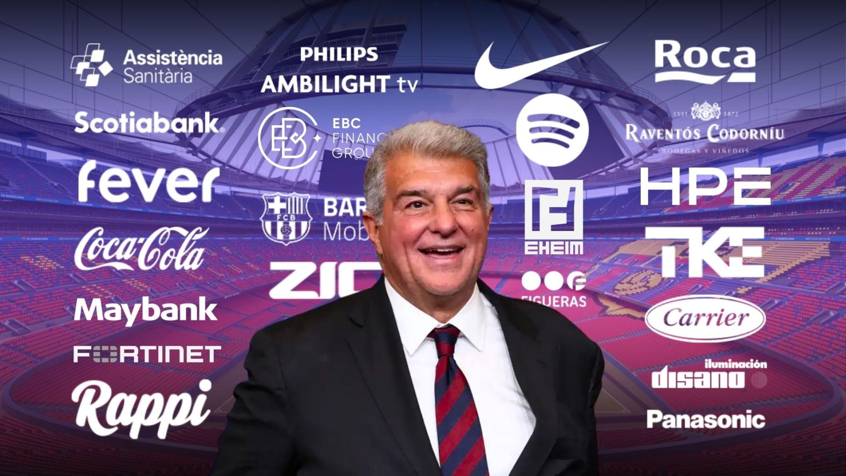 Joan Laporta en montaje con los logotipos de cada uno de los 23 patrocinadores del Espai Barça