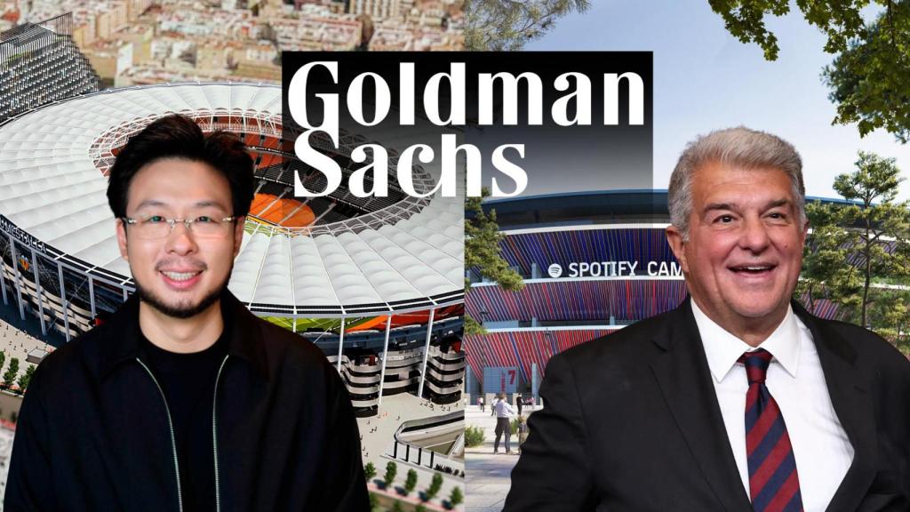 Kiat Lim, Joan Laporta y el logotipo de Goldman Sachs en un fotomontaje con el nuevo Mestalla y el Spotify Camp Nou