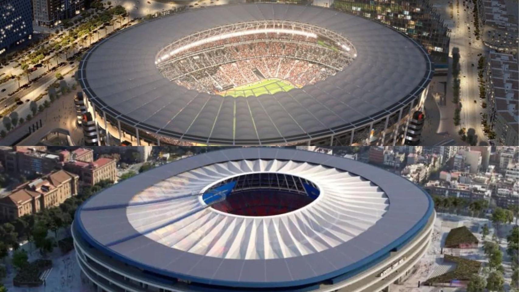 Las cubiertas del Nou Mestalla y el Spotify Camp Nou en un montaje