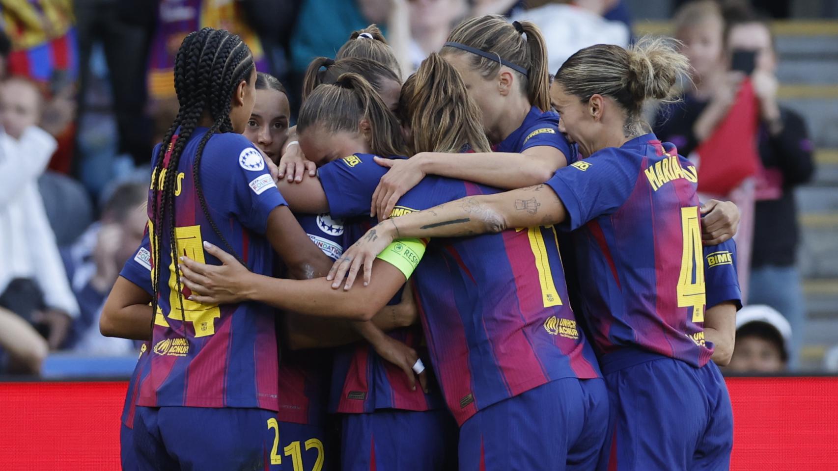 Las jugadoras del Barça Femenino celebran un gol en la final de la Champions League