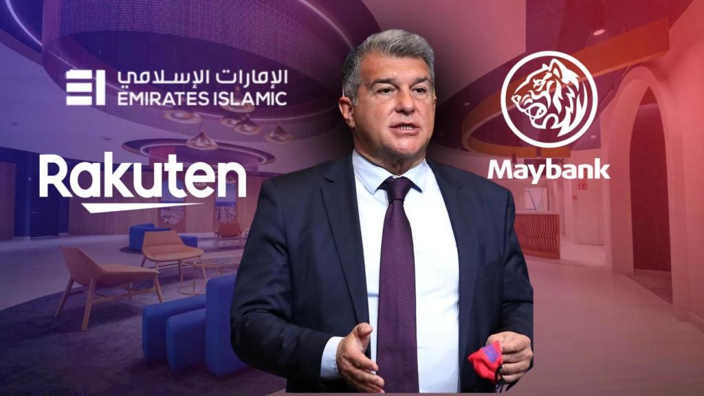 Joan Laporta, en un fotomontaje con los logotipos de Emirates Islamic Bank, Rakuten y Maybank