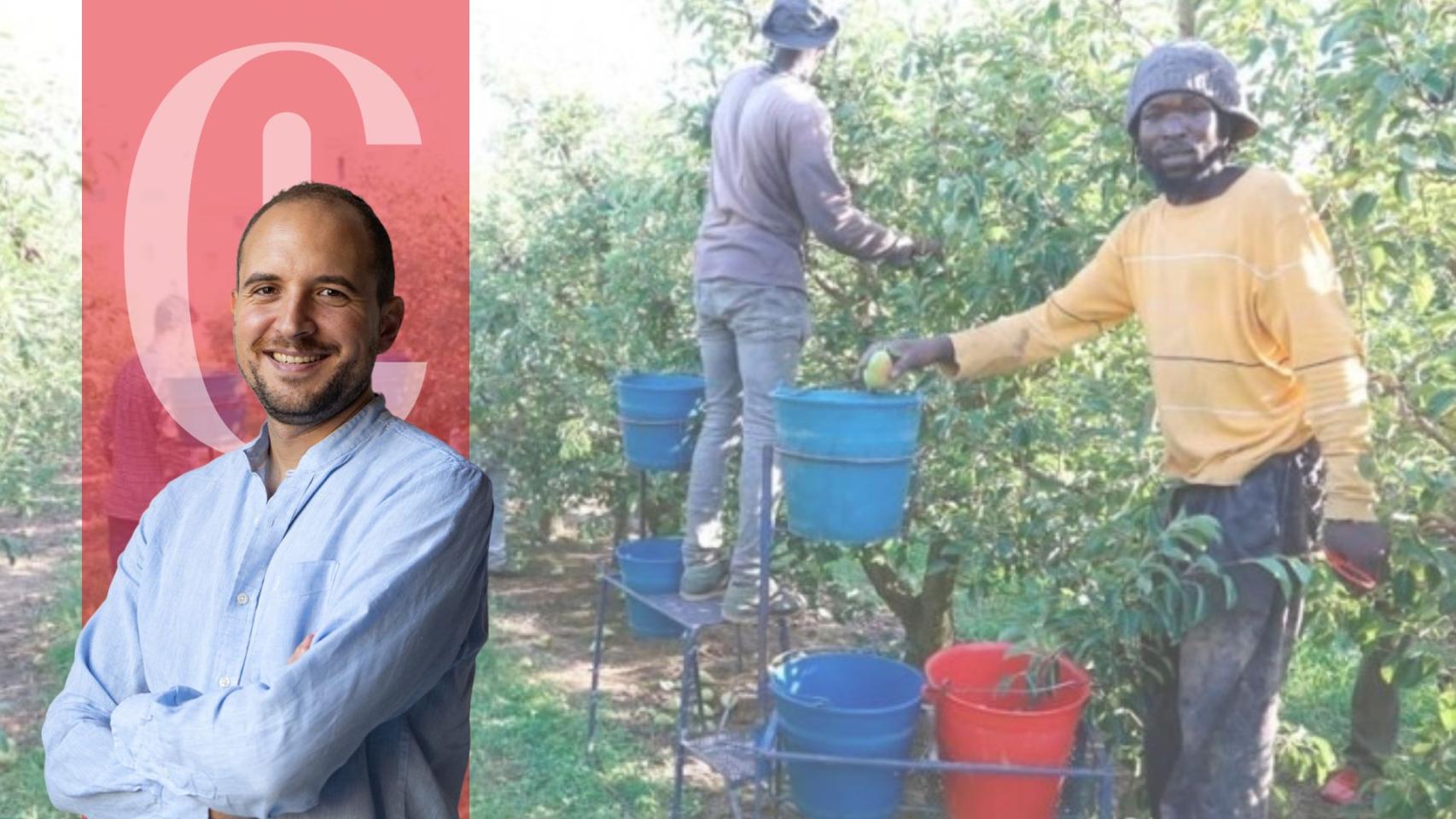 Gerard Mateo e inmigrantes trabajando en un campo en Cataluña