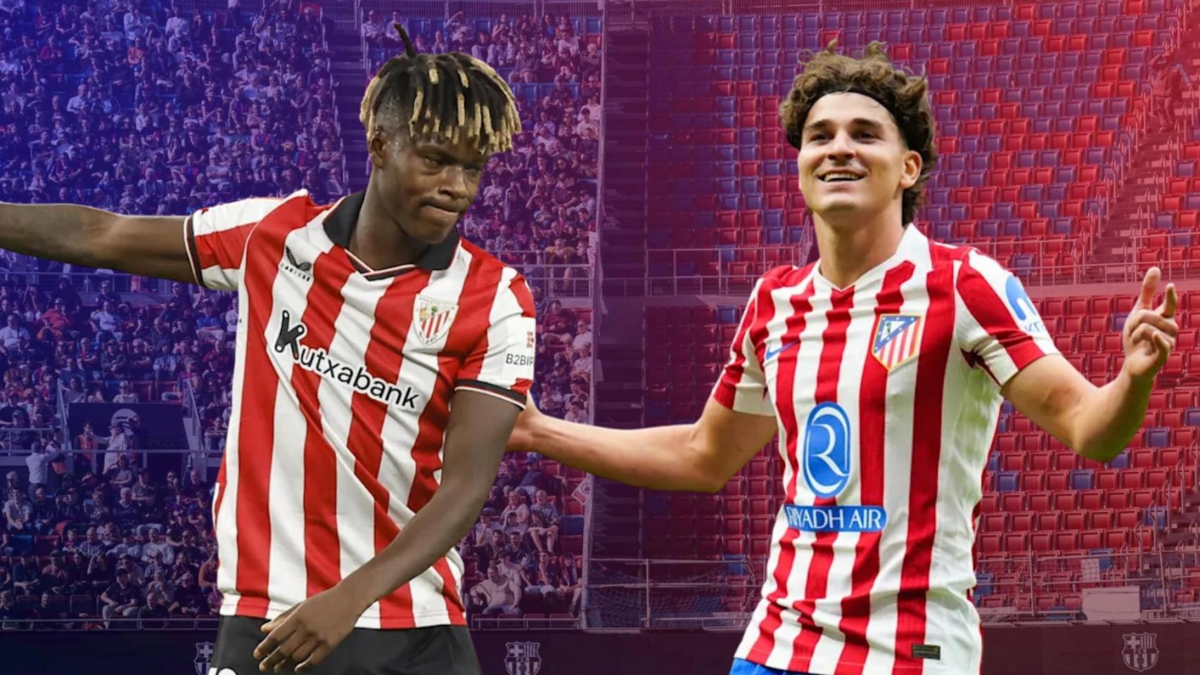 Nico Williams y Julián Álvarez con el Camp Nou de fondo en un fotomontaje