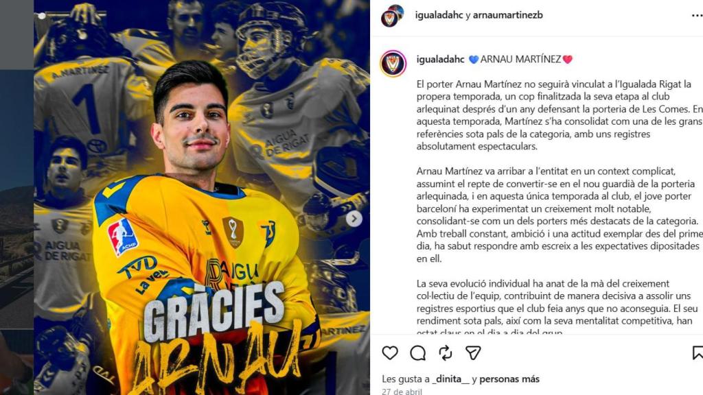 El Igualada se despide de Arnau Martínez, que regresará al Barça de hockey