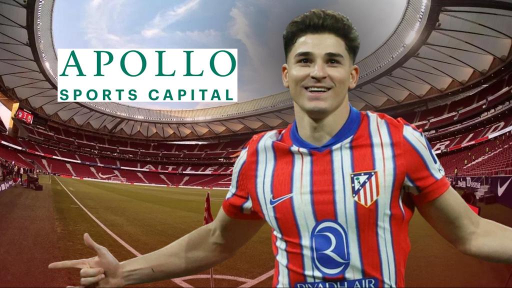 Julián Álvarez, en un fotomontaje con el logotipo de Apollo Sports Capital y el Wanda Metropolitano de fondo