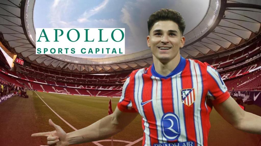 Julián Álvarez, en un fotomontaje con el logotipo de Apollo Sports Capital y el Wanda Metropolitano de fondo