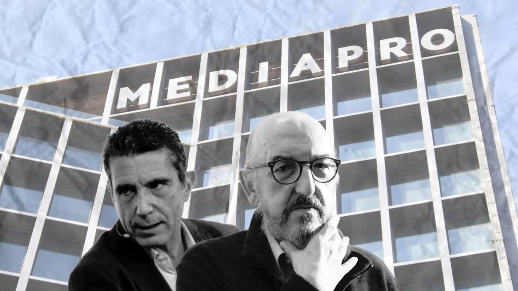Julián Fernández y Jaume Roures en un fotomontaje con el edificio de Mediapro de fondo
