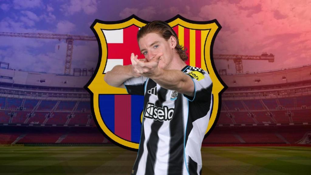 Anthony Gordon con el escudo del Barça y el Camp Nou en un fotomontaje